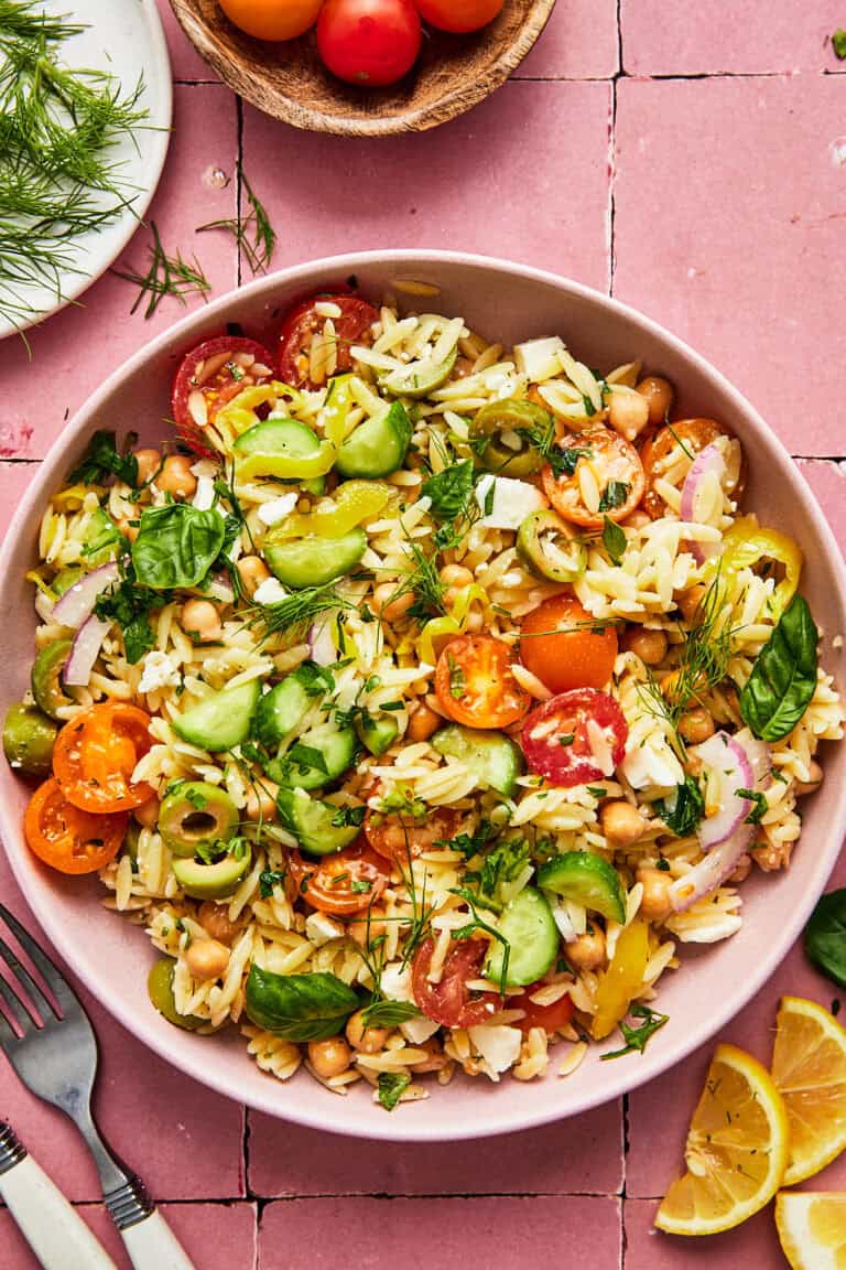 chickpea pasta salad in serving bowl