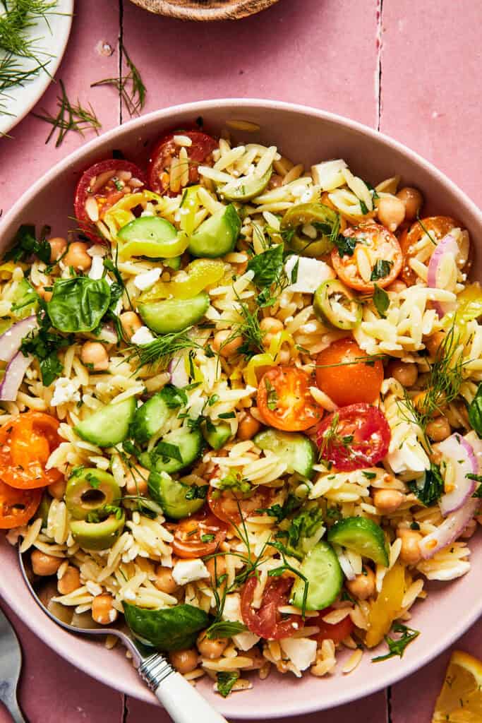 chickpea pasta salad in serving bowl