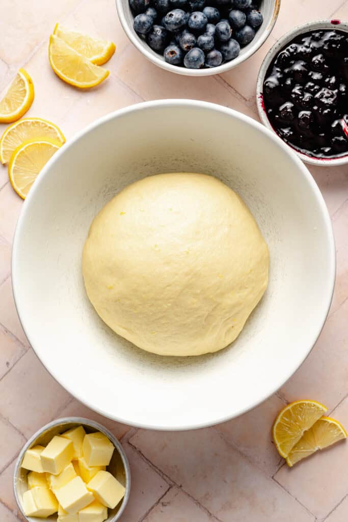 sweet roll dough in mixing bowl