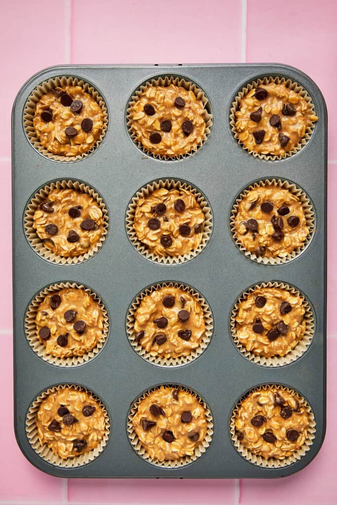 oatmeal cup batter in muffin pan