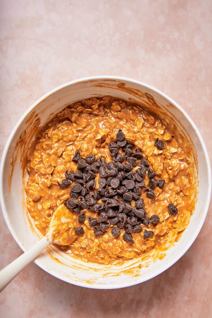 pumpkin oatmeal cup batter with chocolate chips