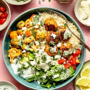 meatballs in bowl with toppings