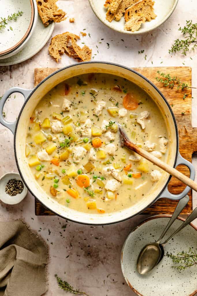 chicken pot pie soup in a large pot