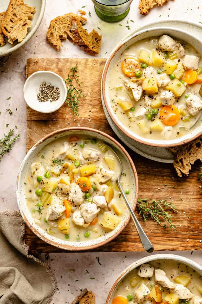 chicken pot pie soup in two bowls