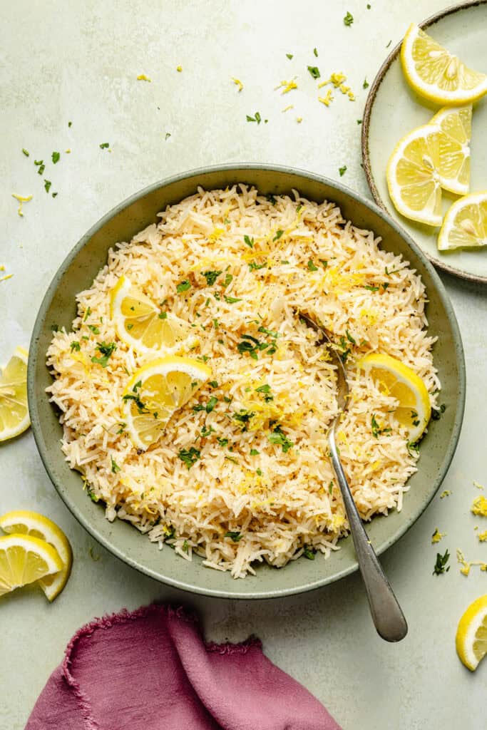 lemon rice in bowl with spoon