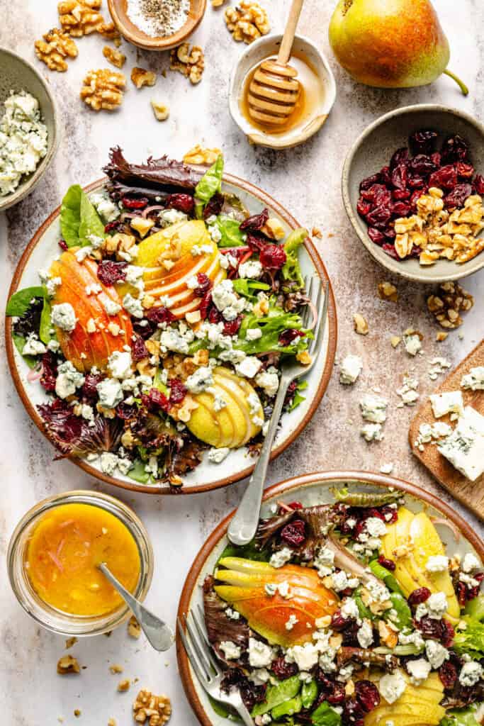 pear and blue cheese salad on plates