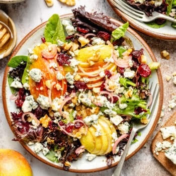 pear and blue cheese salad on plate with fork