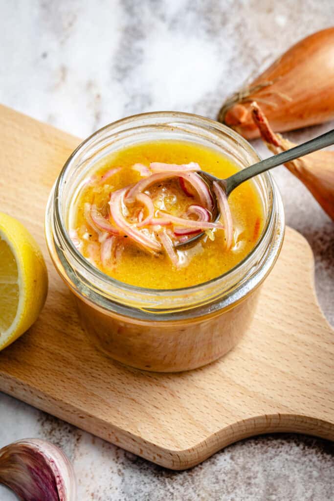 shallot dressing in storage jar