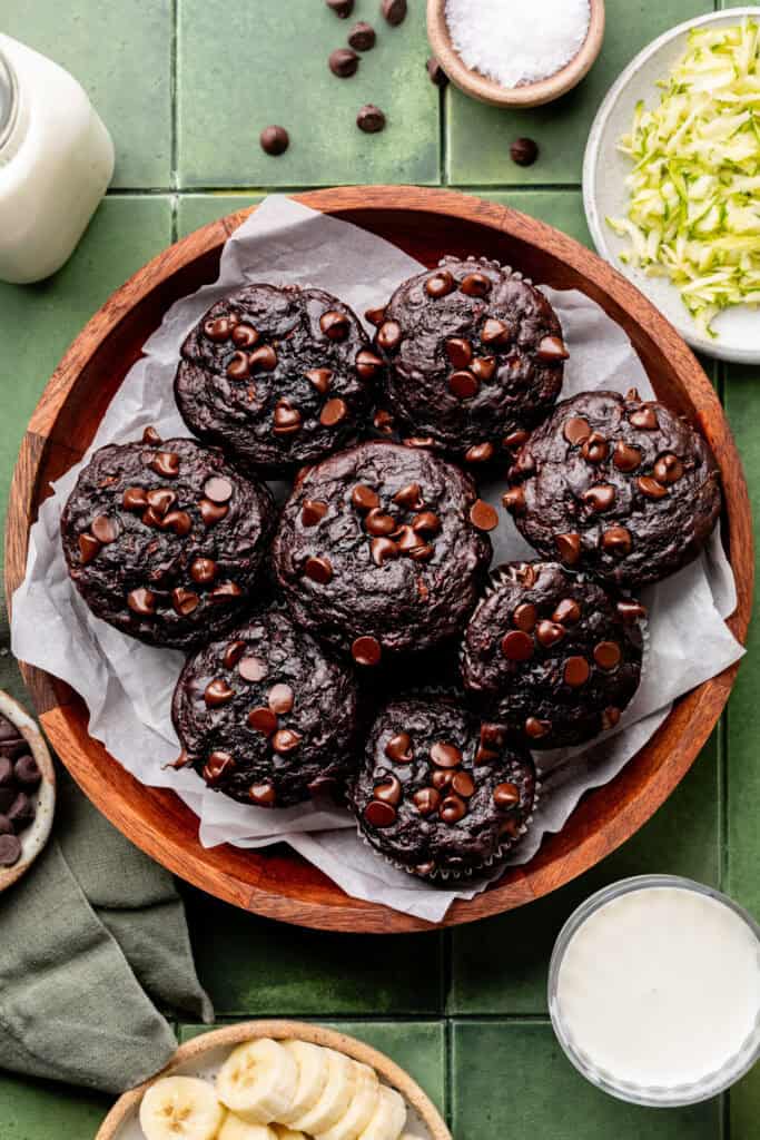 double chocolate zucchini muffins on plate