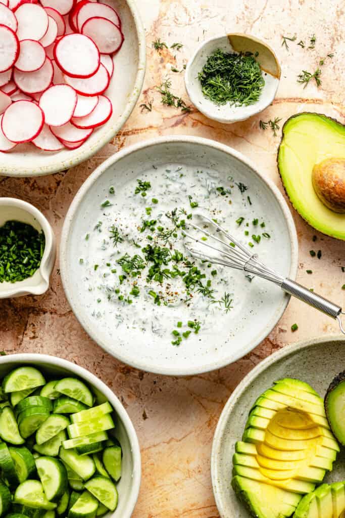 dressing ingredients with whisk