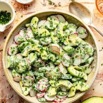 buttermilk ranch avocado cucumber salad in serving bowl