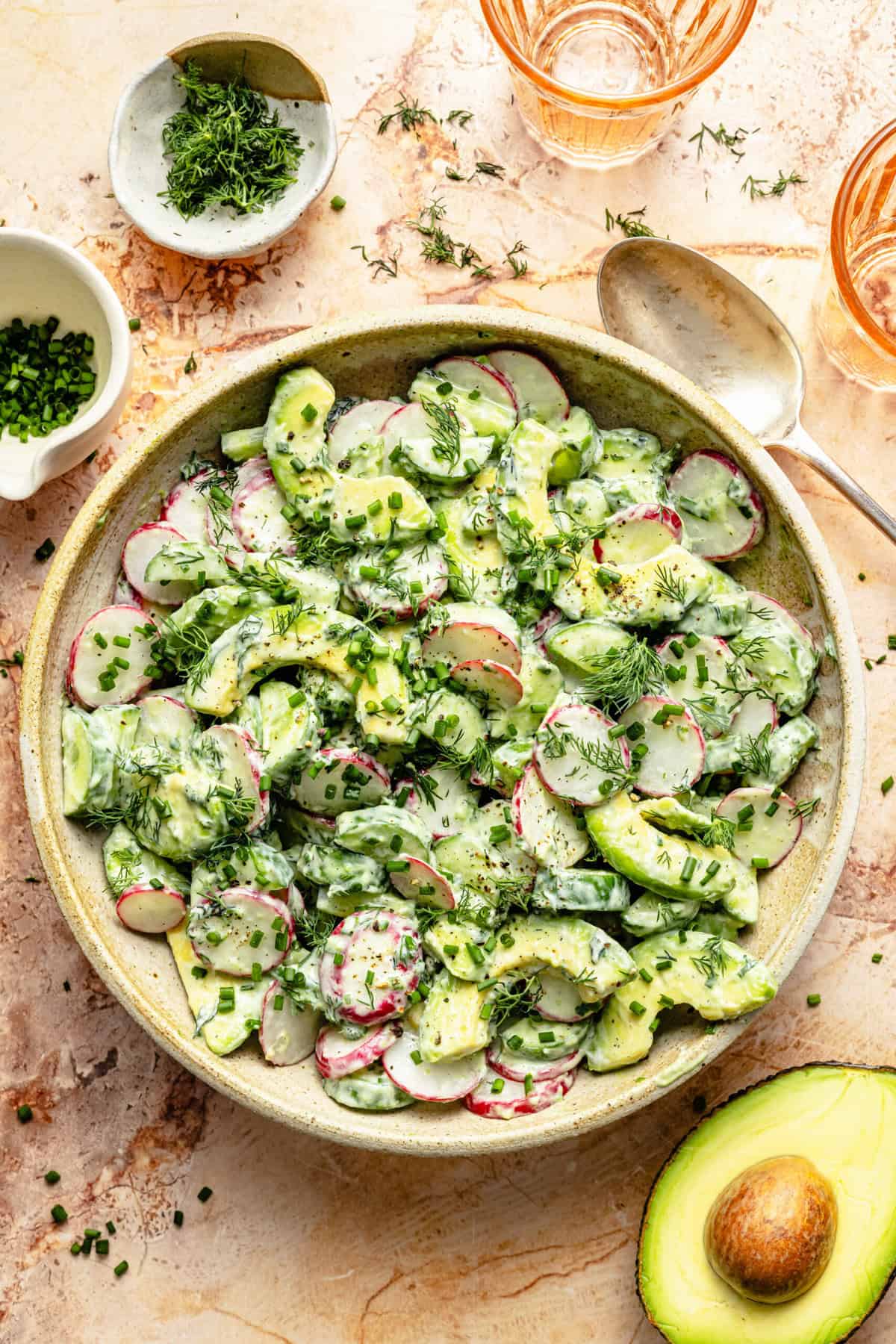 buttermilk ranch avocado cucumber salad in serving bowl