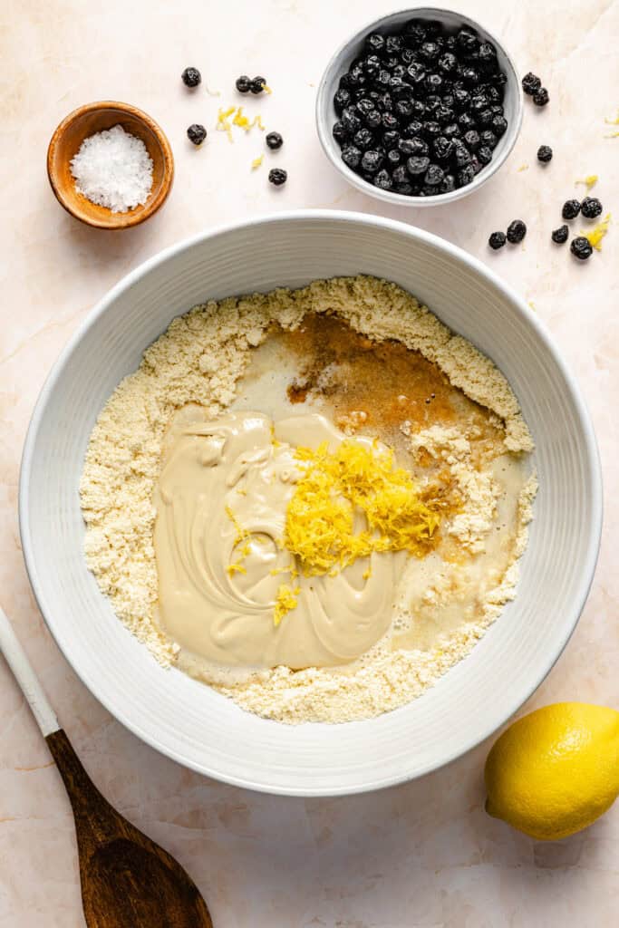 protein ball batter ingredients in mixing bowl