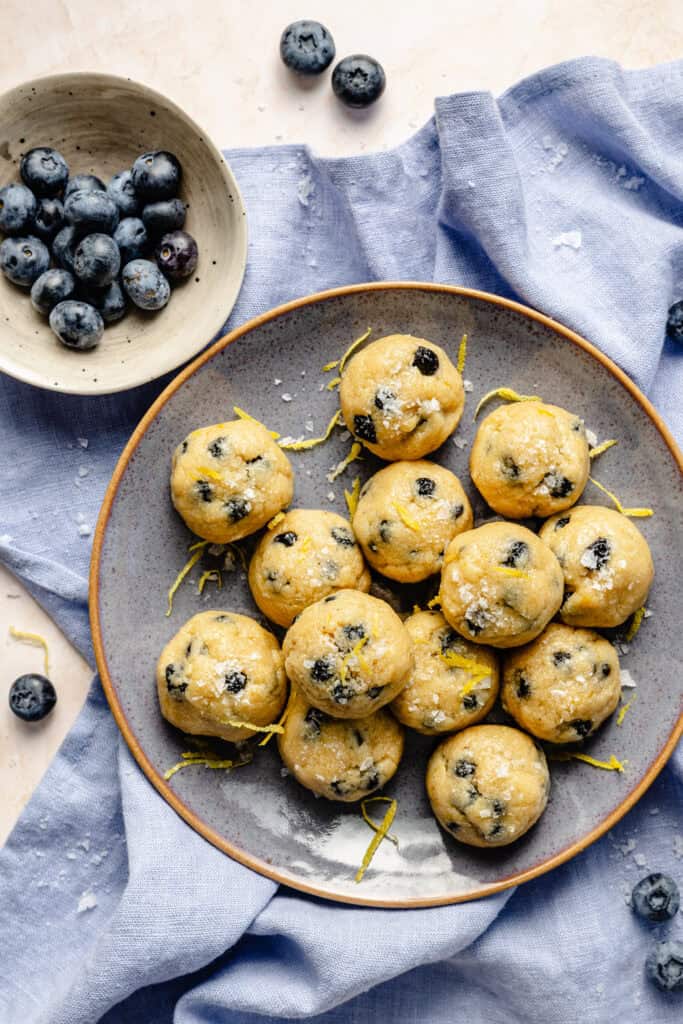 lemon blueberry protein balls in bowl