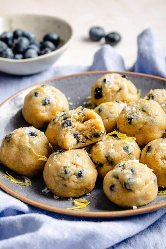 lemon blueberry protein balls in bowl
