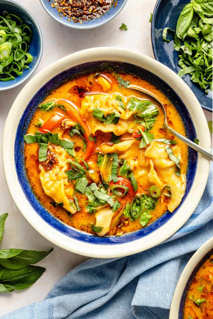 red curry dumpling soup in bowl