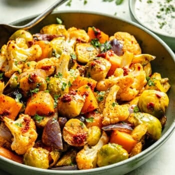 harissa roasted vegetables in serving dish