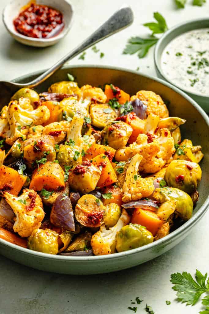 harissa roasted vegetables in serving dish