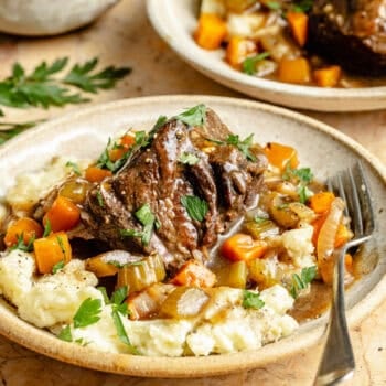 slow cooker short ribs and veggies over mashed potatoes in bowl with fork