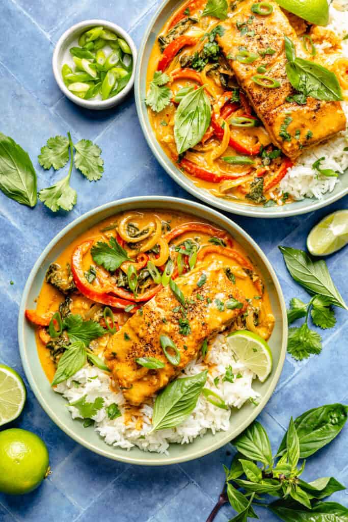 two bowls of coconut curry salmon