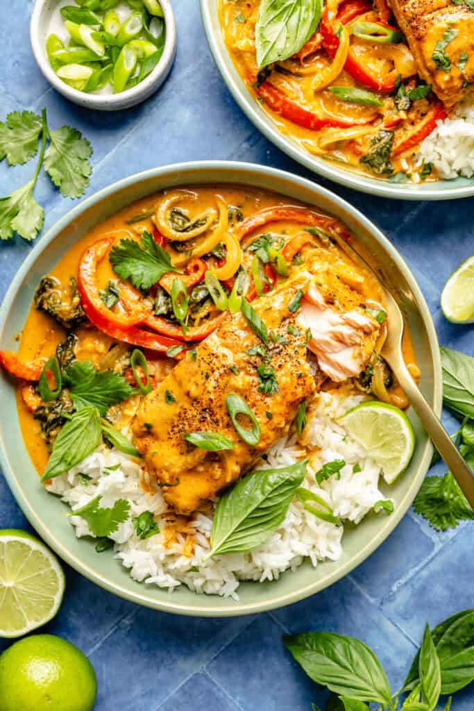 coconut curry salmon in bowl with rice