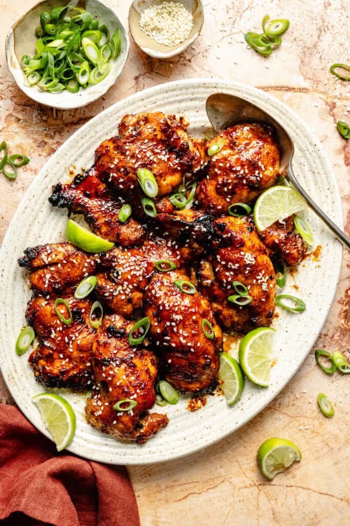 miso chicken thighs on platter