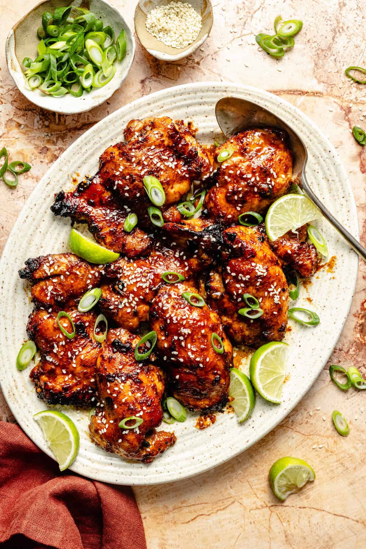 miso chicken thighs on platter