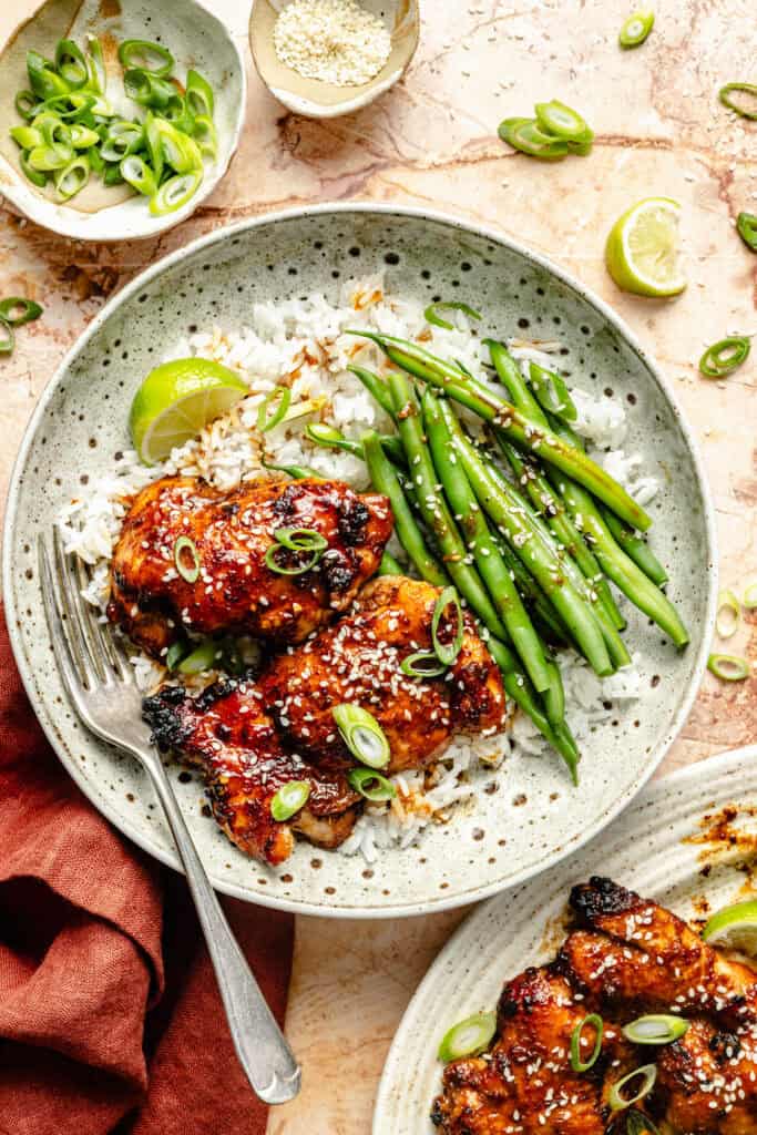 miso chicken thighs with rice and green beans
