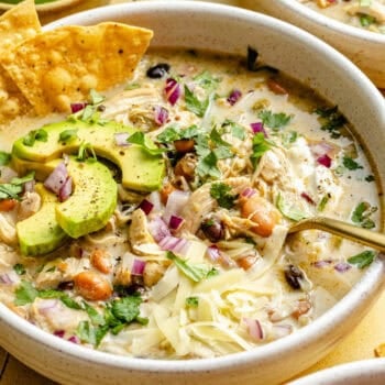 green chicken enchilada soup in a bowl with a spoon and topped with chips