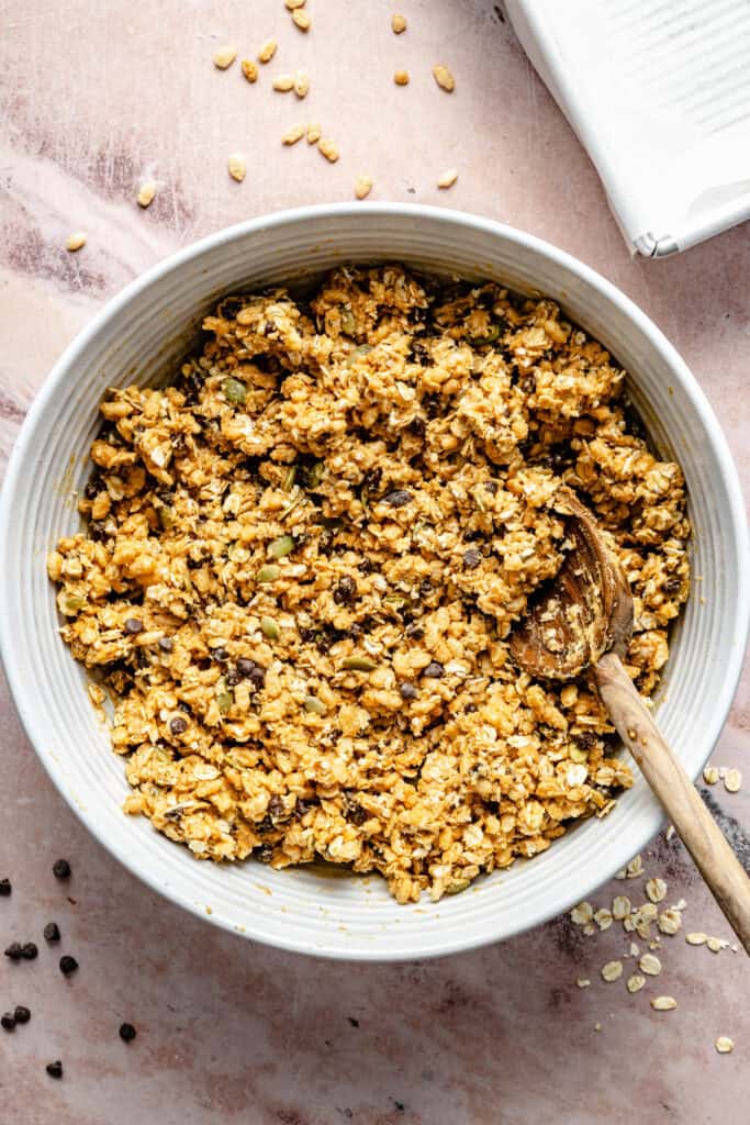 granola bar mixture in mixing bowl