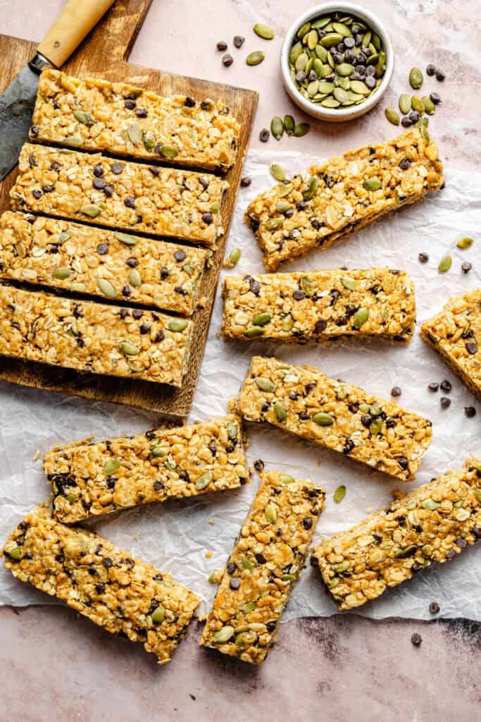 cut granola bars on parchment paper