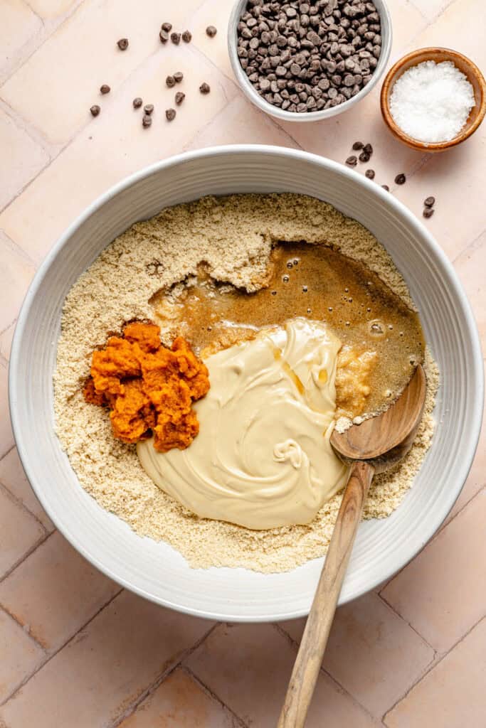 pumpkin protein ball ingredients in mixing bowl