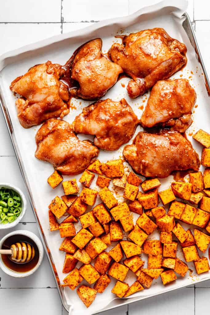 chicken thighs and sweet potatoes on sheet pan