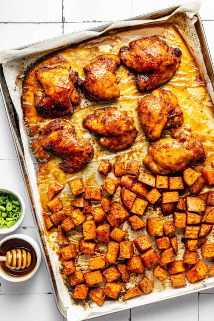 chicken thighs and sweet potatoes on sheet pan