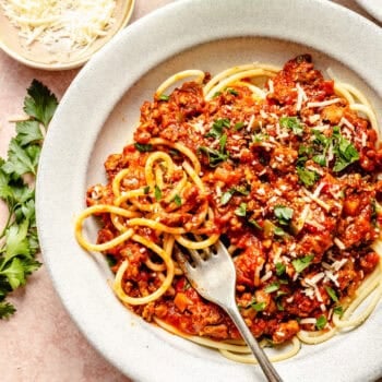 spaghetti sauce over spaghetti noodles with fork