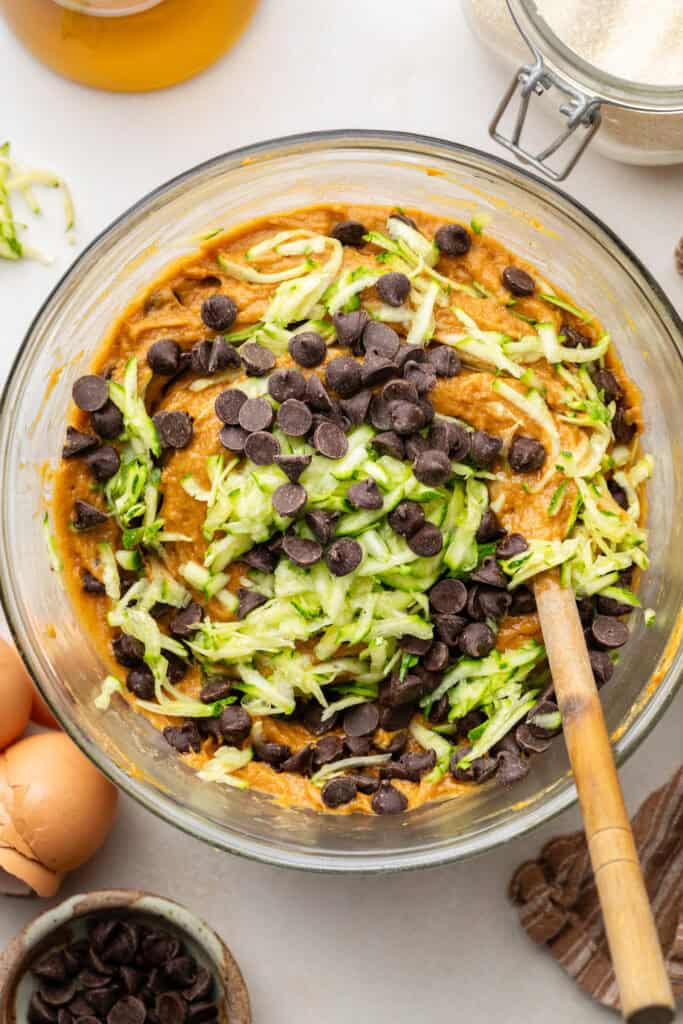 batter with zucchini and chocolate chips