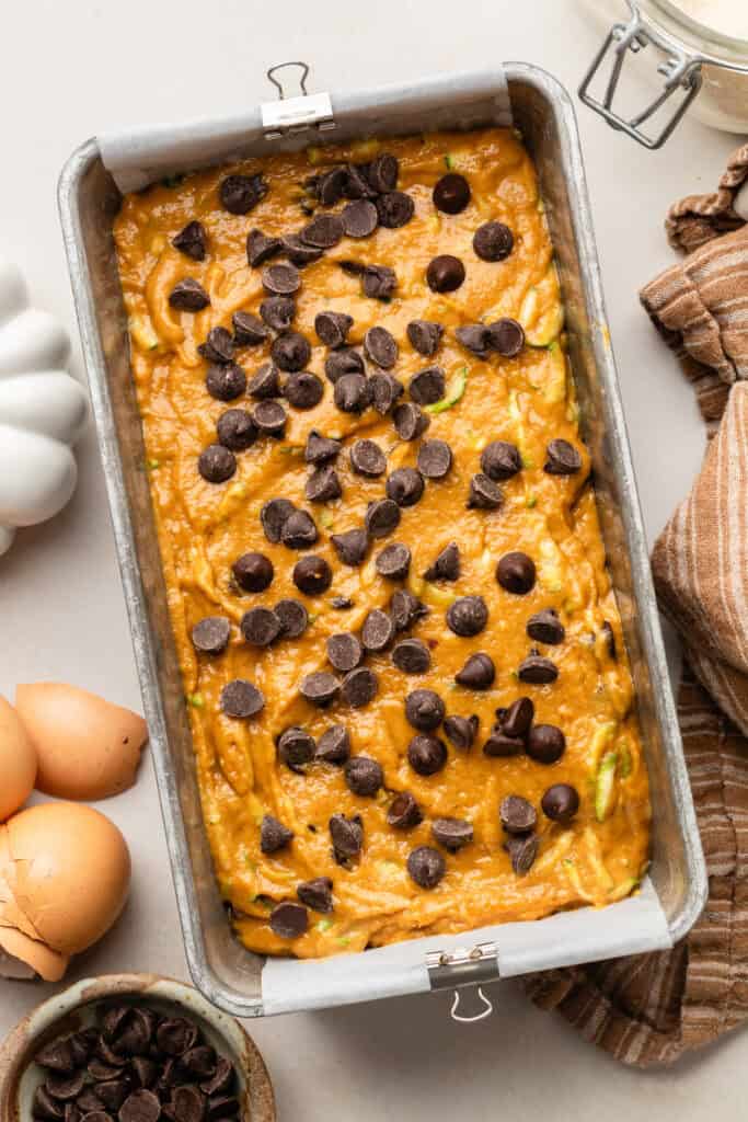 pumpkin zucchini batter in loaf pan