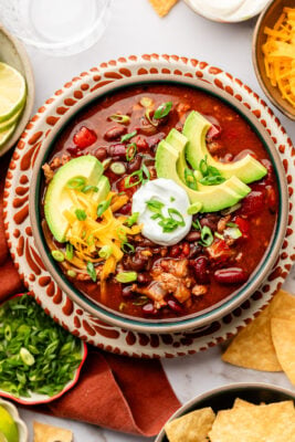slow cooker turkey chili in bowl with toppings
