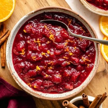 homemade cranberry sauce in bowl with spoon