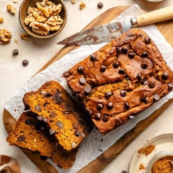pumpkin bread sliced on sheet of parchment
