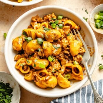 hamburger helper in bowl with fork
