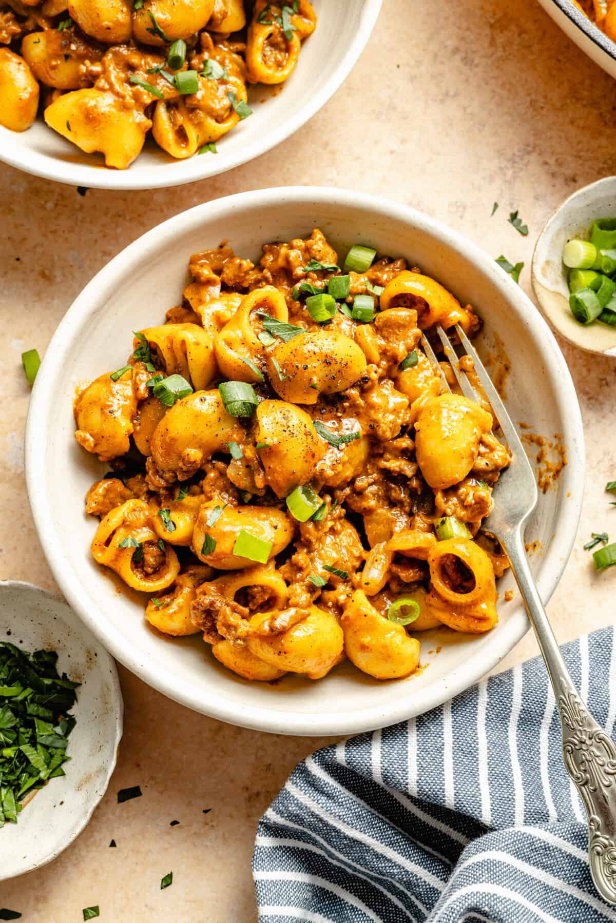 hamburger helper in bowl with fork