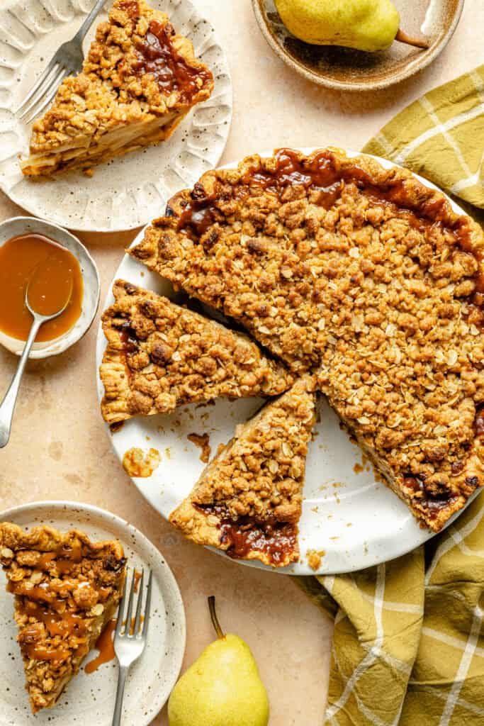 pear pie sliced in pie plate