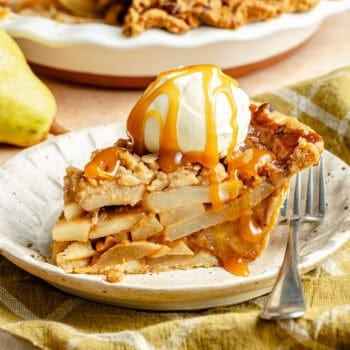 pear pie with caramel sauce and ice cream