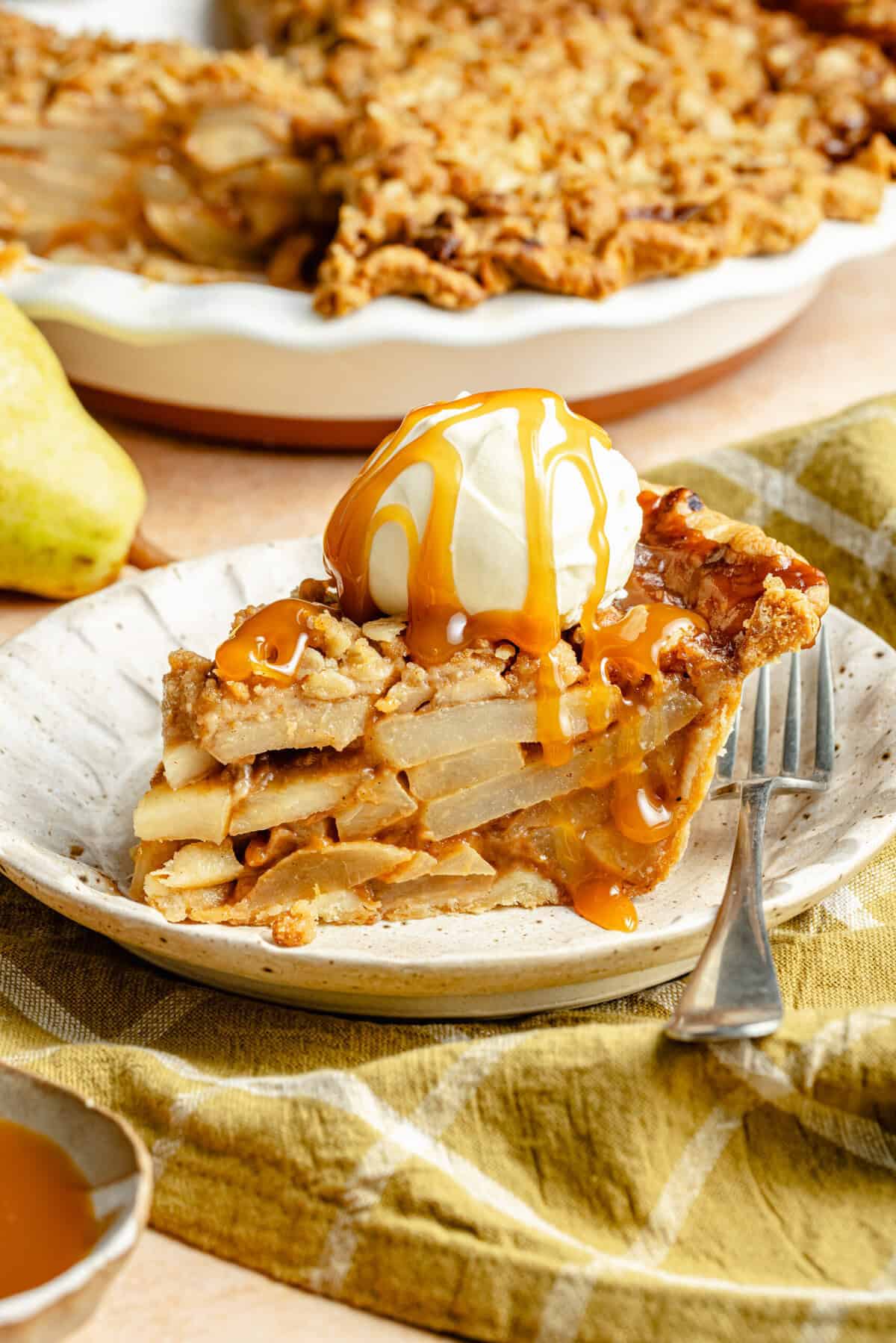 pear pie with caramel sauce and ice cream