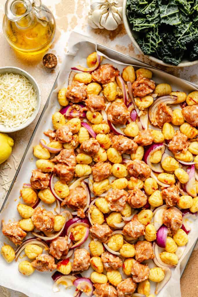 sausage and gnocchi on sheet pan