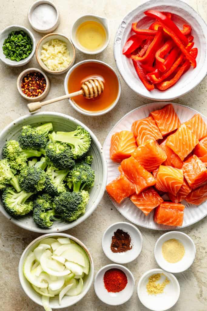 sheet pan hot honey salmon ingredients