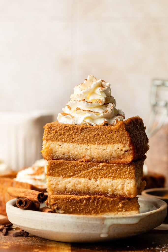 sweet potato pie bars stacked on plate