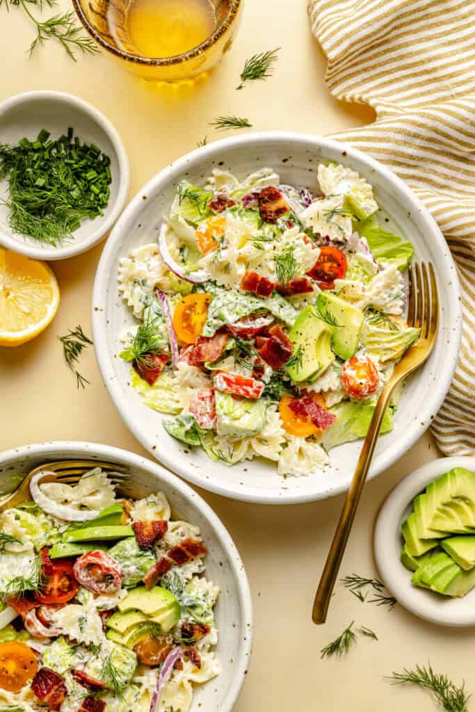 blt pasta salad in two bowls