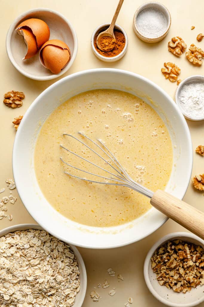 wet ingredients in mixing bowl with whisk